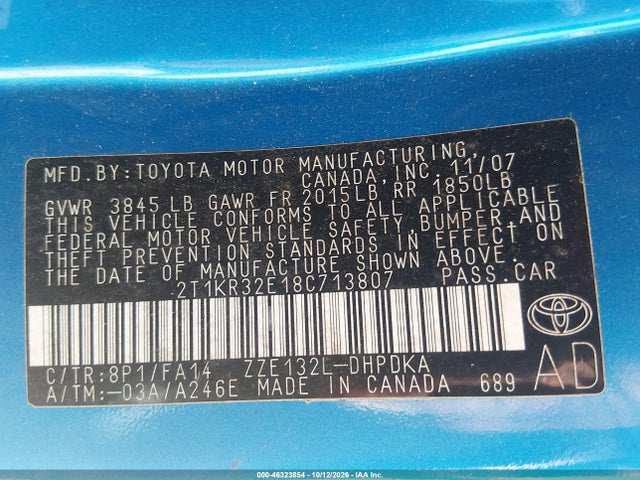 Aukcja sprzedaży 2008 Toyota Matrix, vin: 2T1KR32E18C713807, numer aukcji: 46323854