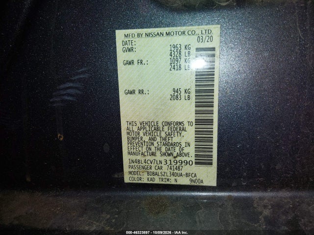 Auction sale of the 2020 Nissan Altima Sr Fwd, vin: 1N4BL4CV7LN319990, lot number: 46323897