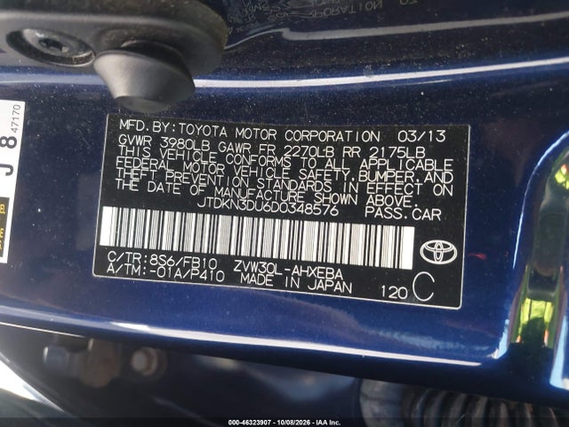 46323907 :رقم المزاد ، JTDKN3DU6D0348576 vin ، 2013 Toyota Prius Three مزاد بيع