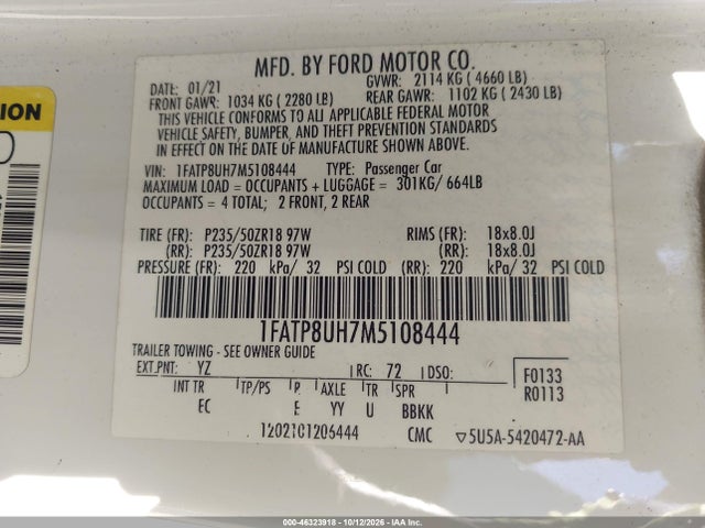 2021 Ford Mustang Ecoboost Premium მანქანა იყიდება აუქციონზე, vin: 1FATP8UH7M5108444, აუქციონის ნომერი: 46323918