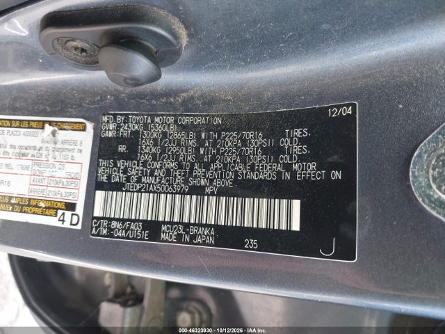 Aukcja sprzedaży 2005 Toyota Highlander V6, vin: JTEDP21AX50063979, numer aukcji: 46323930