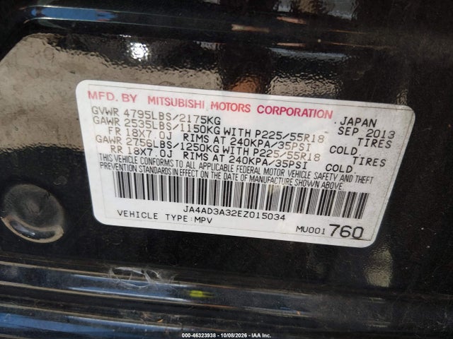 46323938 :رقم المزاد ، JA4AD3A32EZ015034 vin ، 2014 Mitsubishi Outlander Se مزاد بيع