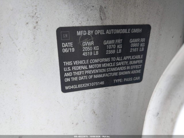 2019 Buick Regal Sportback Fwd Preferred მანქანა იყიდება აუქციონზე, vin: W04GL6SX2K1075146, აუქციონის ნომერი: 46323978