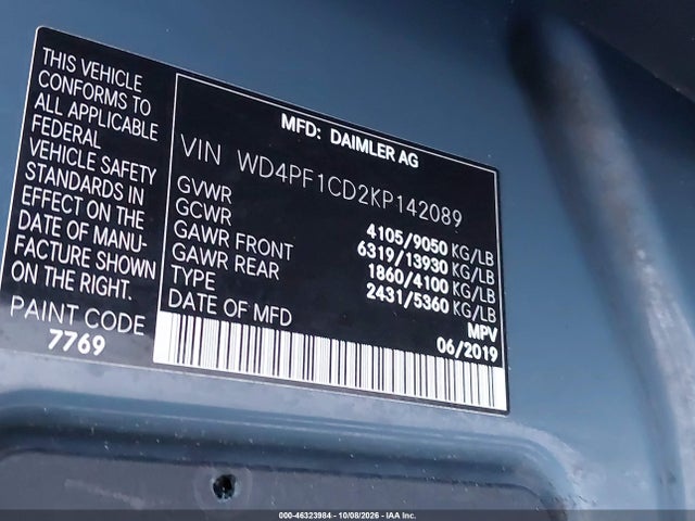 Продажа на аукционе авто 2019 Mercedes-benz Sprinter 2500 High Roof V6, vin: WD4PF1CD2KP142089, номер лота: 46323984