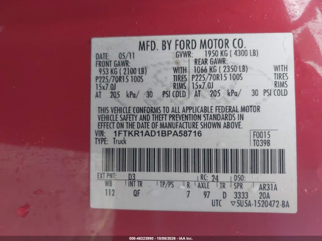 Aukcja sprzedaży 2011 Ford Ranger Xl, vin: 1FTKR1AD1BPA58716, numer aukcji: 46323990