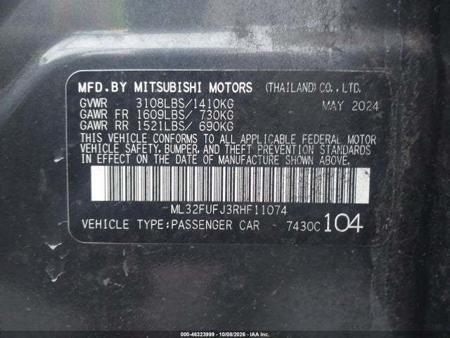 2024 Mitsubishi Mirage G4 Black Edition/es/le მანქანა იყიდება აუქციონზე, vin: ML32FUFJ3RHF11074, აუქციონის ნომერი: 46323999