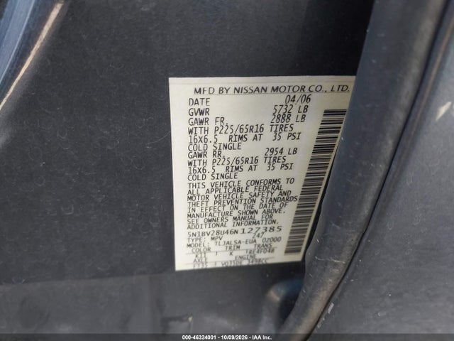 46324001 :رقم المزاد ، 5N1BV28U46N127385 vin ، 2006 Nissan Quest 3.5 S مزاد بيع