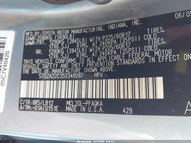 2005 Toyota Sienna Xle მანქანა იყიდება აუქციონზე, vin: 5TDZA22C35S348287, აუქციონის ნომერი: 46324006