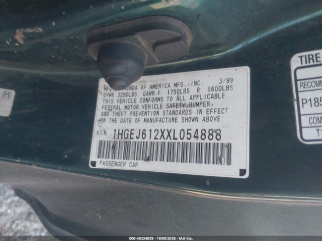 1999 Honda Civic Dx მანქანა იყიდება აუქციონზე, vin: 1HGEJ612XXL054888, აუქციონის ნომერი: 46324029