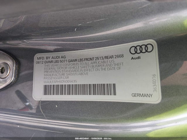2013 Audi A5 2.0t Premium მანქანა იყიდება აუქციონზე, vin: WAULFAFH5DN005635, აუქციონის ნომერი: 46324041