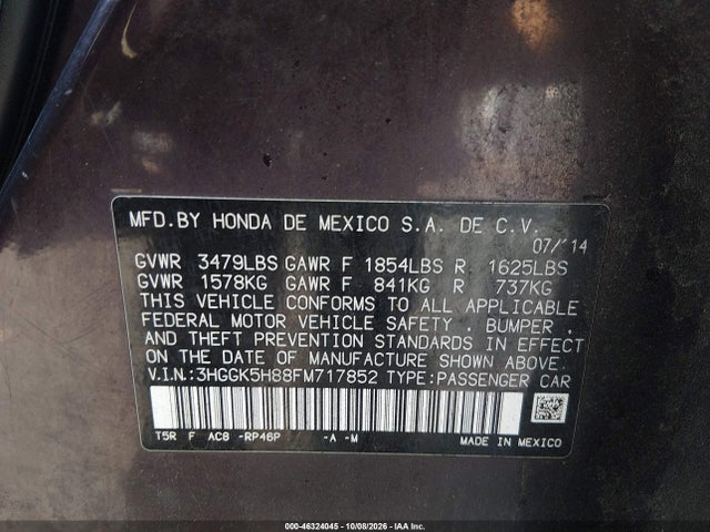 46324045 :رقم المزاد ، 3HGGK5H88FM717852 vin ، 2015 Honda Fit Ex/ex-l مزاد بيع