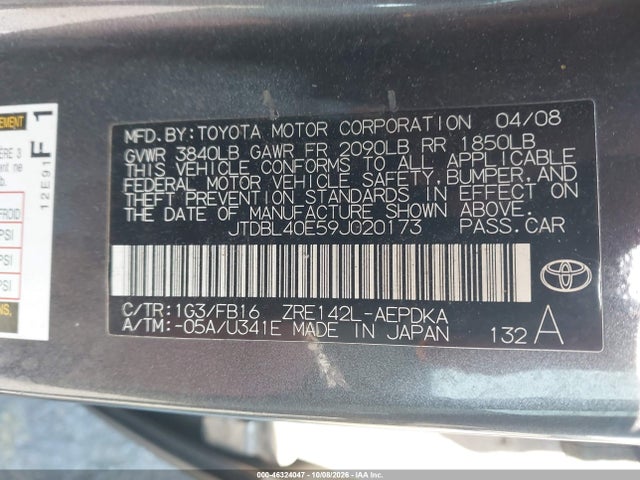 Продажа на аукционе авто 2009 Toyota Corolla Le, vin: JTDBL40E59J020173, номер лота: 46324047