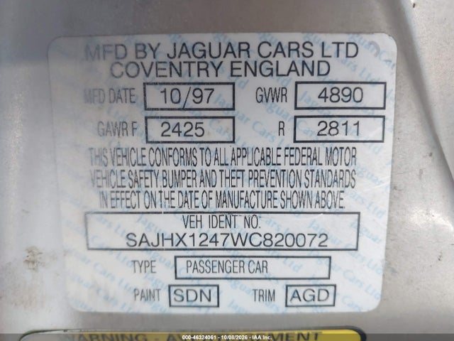 Продаж на аукціоні авто 1998 Jaguar Xj8, vin: SAJHX1247WC820072, номер лоту: 46324061
