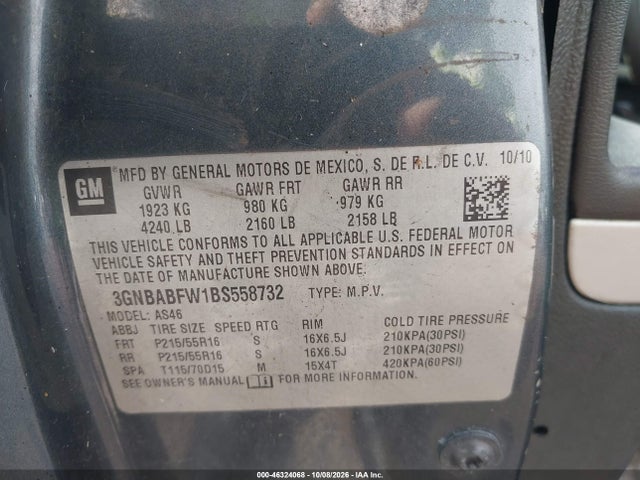 2011 Chevrolet Hhr Lt მანქანა იყიდება აუქციონზე, vin: 3GNBABFW1BS558732, აუქციონის ნომერი: 46324068