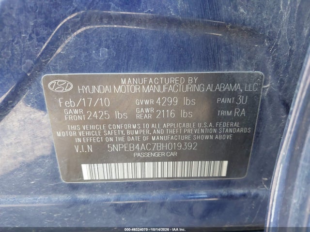 Продаж на аукціоні авто 2011 Hyundai Sonata Gls, vin: 5NPEB4AC7BH019392, номер лоту: 46324070