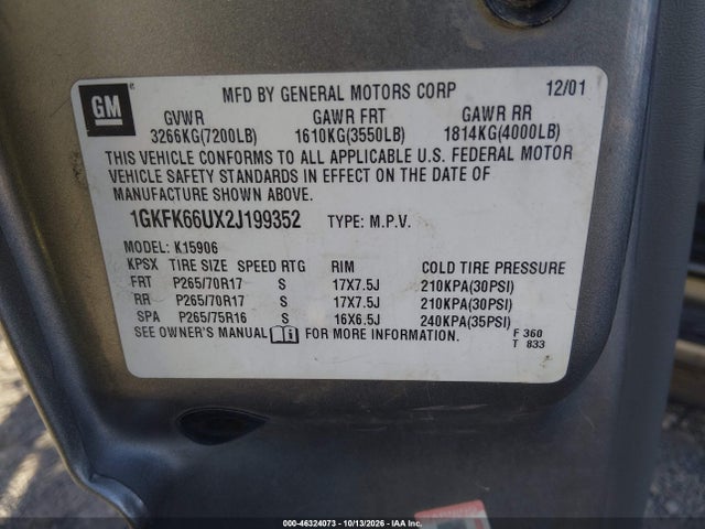 Продаж на аукціоні авто 2002 Gmc Yukon Xl 1500 Denali, vin: 1GKFK66UX2J199352, номер лоту: 46324073
