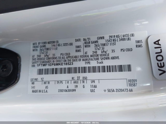 Aukcja sprzedaży 2021 Ford F-150 Xl, vin: 1FTMF1EP8MKE18523, numer aukcji: 46324087