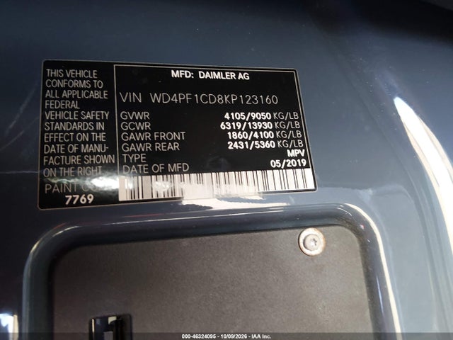 2019 Mercedes-benz Sprinter 2500 High Roof V6 მანქანა იყიდება აუქციონზე, vin: WD4PF1CD8KP123160, აუქციონის ნომერი: 46324095