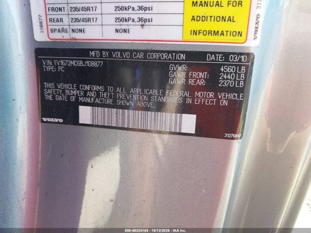 Продаж на аукціоні авто 2011 Volvo C70 T5, vin: YV1672MC6BJ108877, номер лоту: 46324104