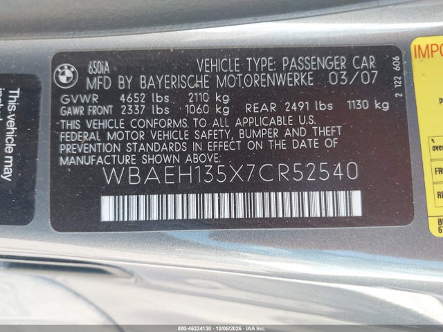 2007 Bmw 650i მანქანა იყიდება აუქციონზე, vin: WBAEH135X7CR52540, აუქციონის ნომერი: 46324130
