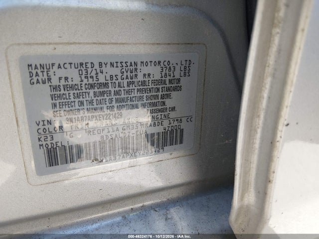 46324176 :رقم المزاد ، 3N1AB7APXEY221429 vin ، 2014 Nissan Sentra Sv مزاد بيع