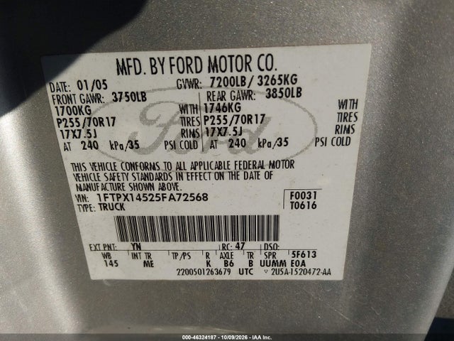 2005 Ford F-150 Fx4/lariat/xl/xlt მანქანა იყიდება აუქციონზე, vin: 1FTPX14525FA72568, აუქციონის ნომერი: 46324187