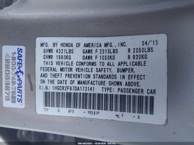2013 Honda Accord Ex-l მანქანა იყიდება აუქციონზე, vin: 1HGCR2F87DA173141, აუქციონის ნომერი: 46324201