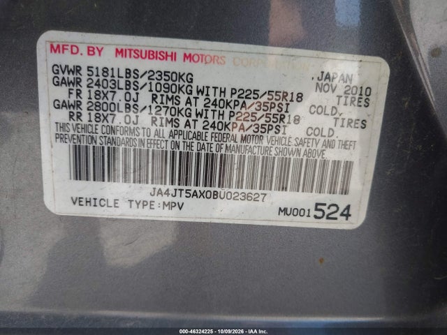 Aukcja sprzedaży 2011 Mitsubishi Outlander Gt, vin: JA4JT5AX0BU023627, numer aukcji: 46324225