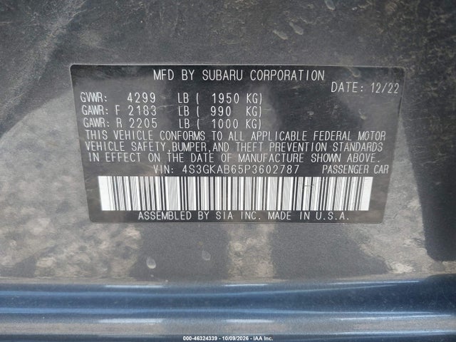 46324339 :رقم المزاد ، 4S3GKAB65P3602787 vin ، 2023 Subaru Impreza Base مزاد بيع
