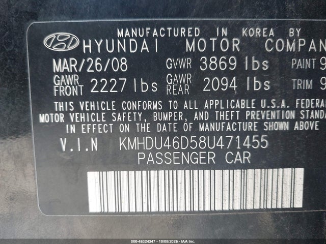 Aukcja sprzedaży 2008 Hyundai Elantra Gls/se, vin: KMHDU46D58U471455, numer aukcji: 46324347