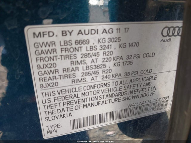 46324394 :رقم المزاد ، WA1LAAF74JD023080 vin ، 2018 Audi Q7 3.0t Premium مزاد بيع