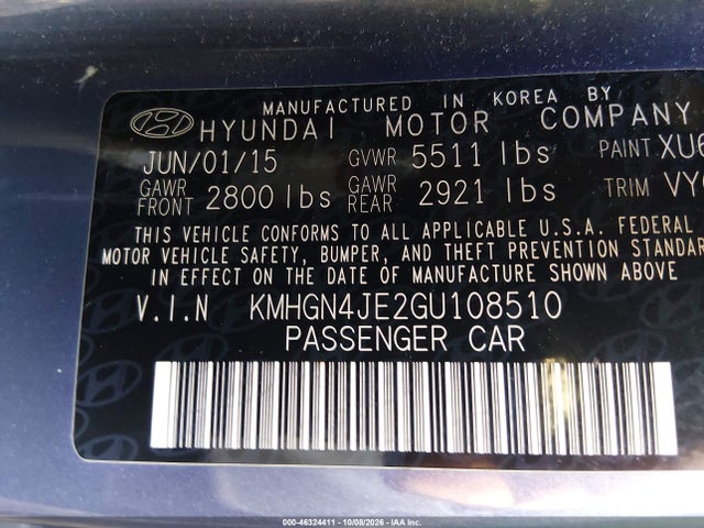 Aukcja sprzedaży 2016 Hyundai Genesis 3.8, vin: KMHGN4JE2GU108510, numer aukcji: 46324411