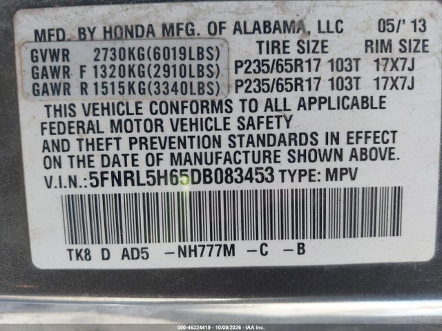 Продажа на аукционе авто 2013 Honda Odyssey Ex-l, vin: 5FNRL5H65DB083453, номер лота: 46324419