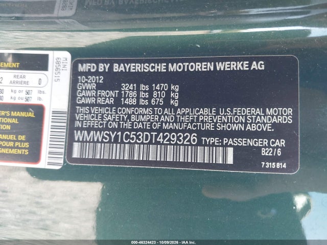 46324423 :رقم المزاد ، WMWSY1C53DT429326 vin ، 2013 Mini Roadster Cooper مزاد بيع