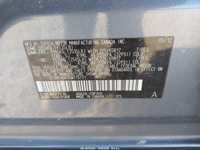 Продажа на аукционе авто 2012 Toyota Rav4, vin: 2T3BF4DVXCW215731, номер лота: 46324424