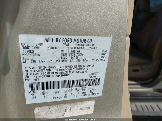Auction sale of the 2010 Ford Escape Limited, vin: 1FMCU9E78AKB60799, lot number: 46324440