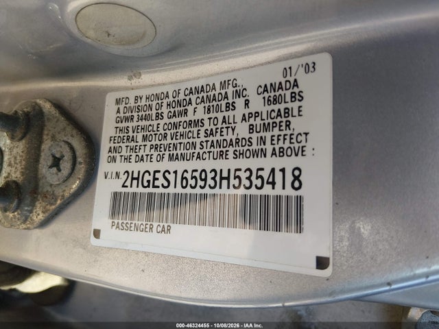 46324455 :رقم المزاد ، 2HGES16593H535418 vin ، 2003 Honda Civic Lx مزاد بيع