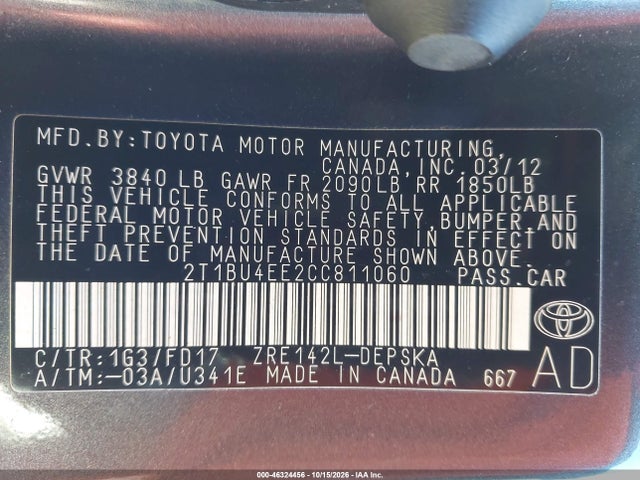 46324456 :رقم المزاد ، 2T1BU4EE2CC811060 vin ، 2012 Toyota Corolla S مزاد بيع