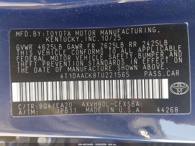 2026 Toyota Camry Se მანქანა იყიდება აუქციონზე, vin: 4T1DAACK8TU221565, აუქციონის ნომერი: 46324458