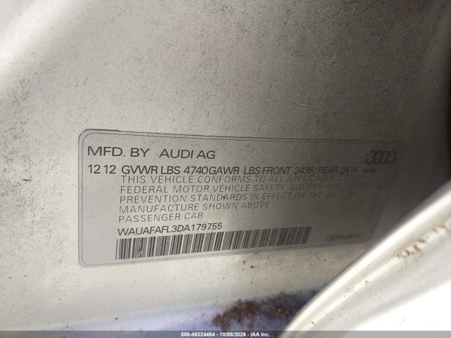 2013 Audi A4 2.0t Premium მანქანა იყიდება აუქციონზე, vin: WAUAFAFL3DA179755, აუქციონის ნომერი: 46324464