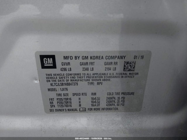 Продажа на аукционе авто 2019 Chevrolet Trax Lt, vin: KL7CJLSB1KB847379, номер лота: 46324480