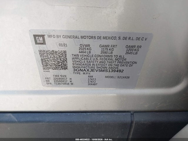Aukcja sprzedaży 2021 Chevrolet Equinox Fwd 2fl, vin: 3GNAXJEV5MS139492, numer aukcji: 46324522