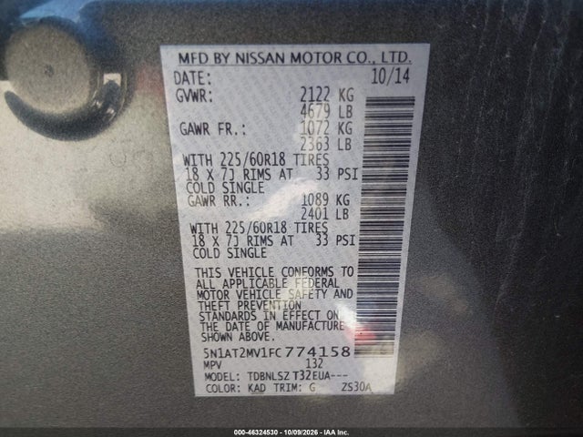46324530 :رقم المزاد ، 5N1AT2MV1FC774158 vin ، 2015 Nissan Rogue Sl مزاد بيع