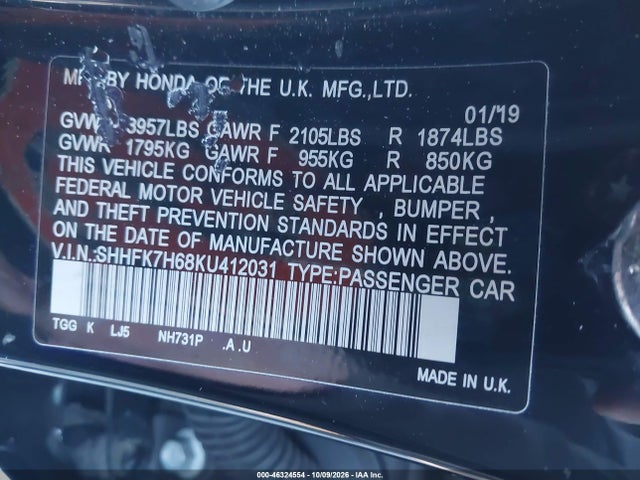 Продаж на аукціоні авто 2019 Honda Civic Ex, vin: SHHFK7H68KU412031, номер лоту: 46324554
