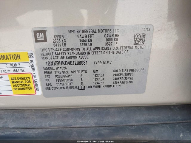 Aukcja sprzedaży 2014 Chevrolet Traverse 2lt, vin: 1GNKRHKD4EJ208081, numer aukcji: 46324672