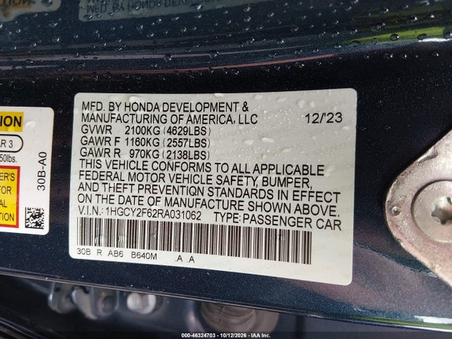 2024 Honda Accord Hybrid Ex-l მანქანა იყიდება აუქციონზე, vin: 1HGCY2F62RA031062, აუქციონის ნომერი: 46324703