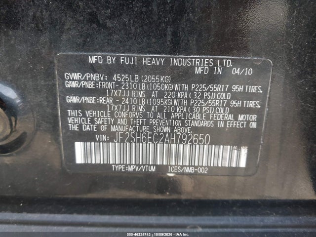 2010 Subaru Forester 2.5xt Premium მანქანა იყიდება აუქციონზე, vin: JF2SH6EC2AH792650, აუქციონის ნომერი: 46324743