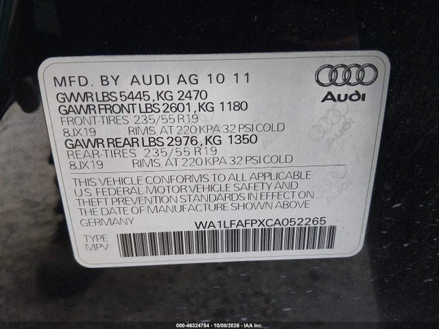 Aukcja sprzedaży 2012 Audi Q5 2.0t Premium, vin: WA1LFAFPXCA052265, numer aukcji: 46324754