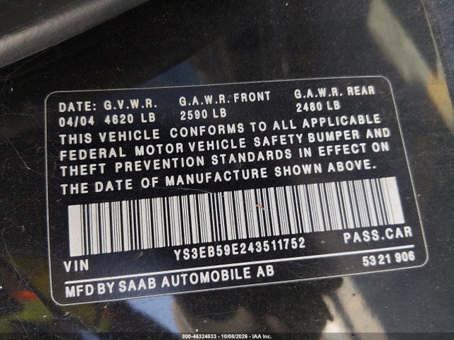 Продажа на аукционе авто 2004 Saab 9-5 Linear, vin: YS3EB59E243511752, номер лота: 46324833