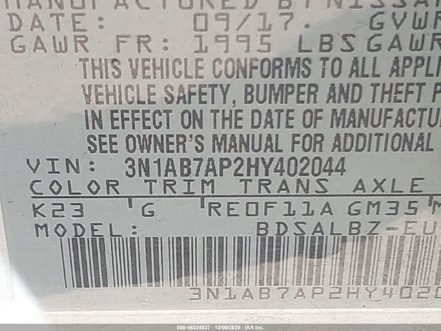 Продажа на аукционе авто 2017 Nissan Sentra S, vin: 3N1AB7AP2HY402044, номер лота: 46324837
